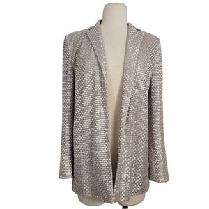 AKRIS Polyester Silk Blend Open Blazer Jacket‎ Sz 8 Silver Metallic Grid Square